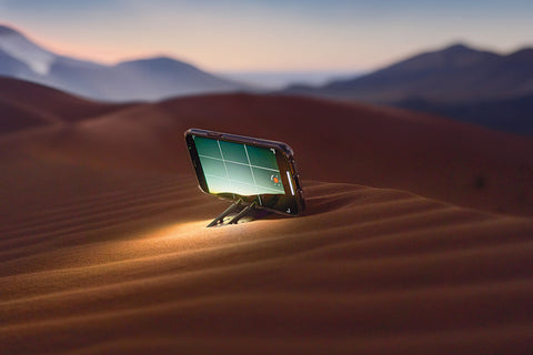 Phone on Pocket Tripod in landscape orientation on sand dunes in a desert at night.