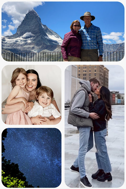pictures taken using a pocket tripod: an couple in front of a mountain, a mother with her two children, a couple kissing and the sky on a starry night