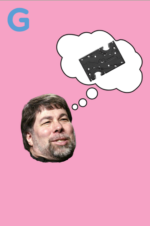 Steve Wozniak with a pocket tripod in a thought bubble