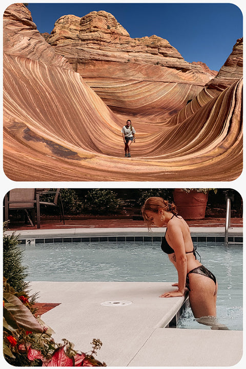pictures taken using a pocket tripod: a woman on a solo hike through a canyon and a woman coming out of a pool.