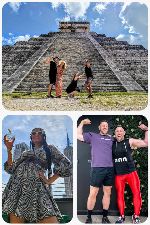 pictures taken using a pocket tripod: a group of friends in front of maya pyramids, a woman holding a glass, two muscular friends flexing in a gym