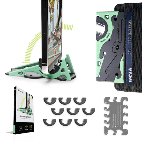 Pocket Tripod Pro by Geometrical card-size phone tripod Jasper-Green Thumbnail green Retail Universal Kit retail Package angle adjustment iphone credit card wallet stand #color_jasper